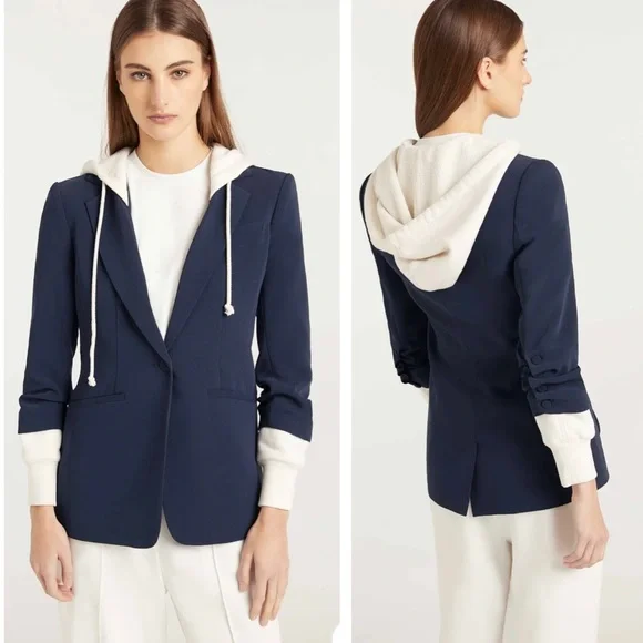 Cinq a Sept Women’s Hooded Relaxed Fit Navy Blue and White Khloe Blazer Jacket - Picture 7 of 15